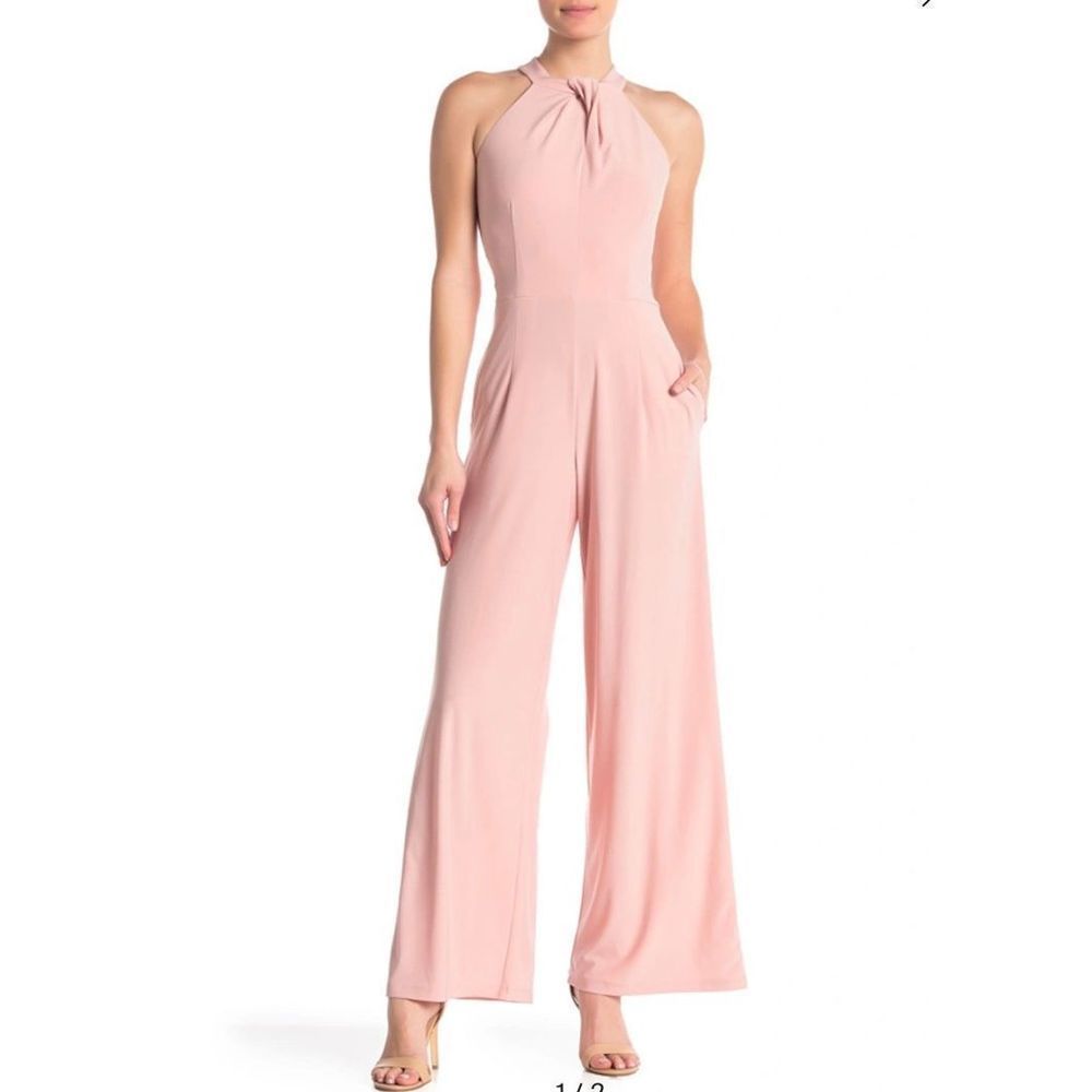 Nina Leonard Twist Halter Blush Knit Jumpsuit  Large NWT
